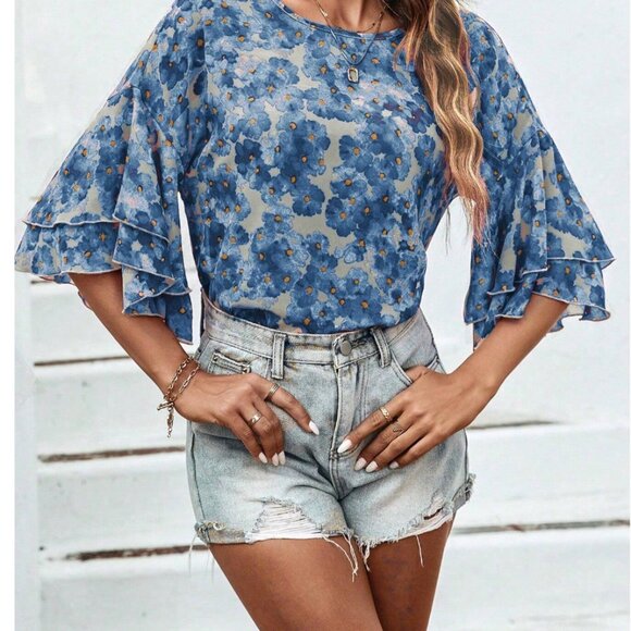 Floral Print Round Neck Flare Sleeve Blouse Blue - Picture 2 of 8